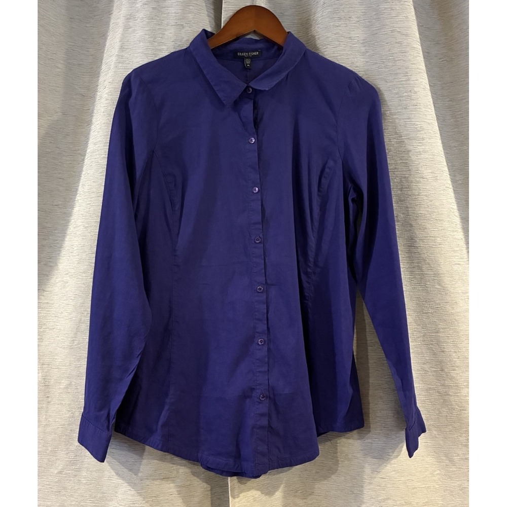 Eileen Fisher Purple Linen Blend Relaxed Button Front Blouse Shirt Womens PL